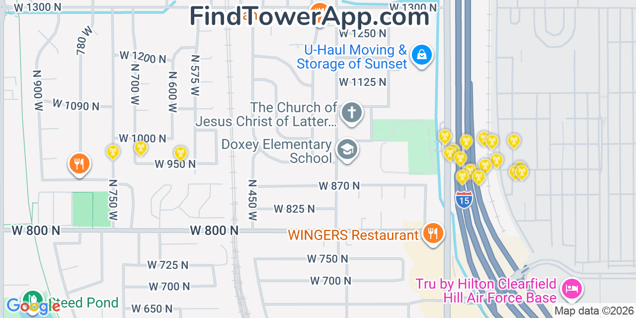 Map showing the 20 primary cell tower locations detected in Sunset, Utah from AT&T, Verizon, and T-Mobile networks