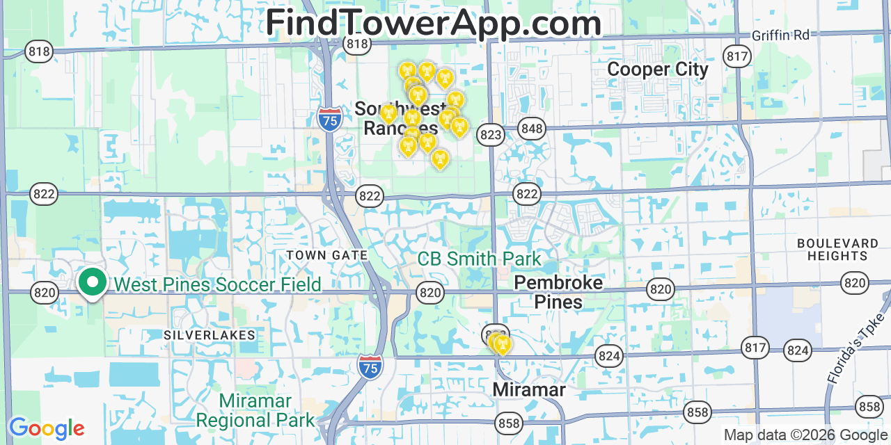 Map showing the 20 primary cell tower locations detected in Sunshine Ranches, Florida from AT&T, Verizon, and T-Mobile networks