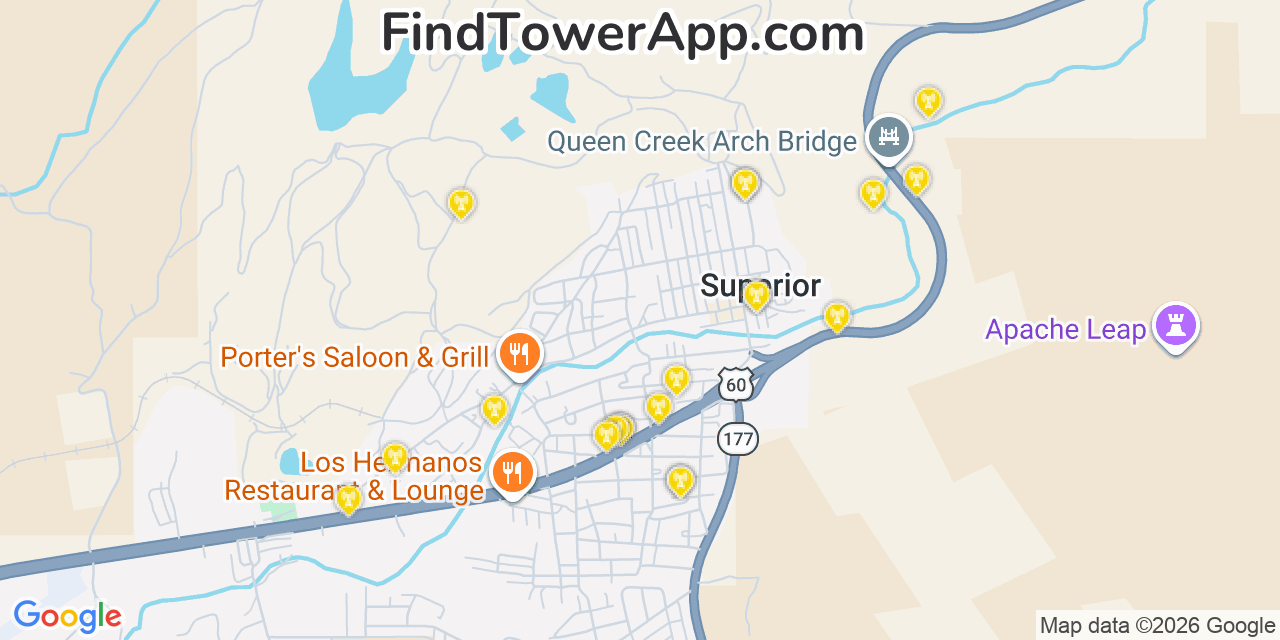 Map showing the 20 primary cell tower locations detected in Superior, Arizona from AT&T, Verizon, and T-Mobile networks