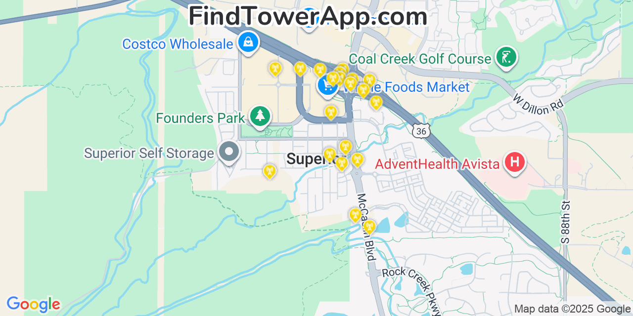 Map showing the 20 primary cell tower locations detected in Superior, Colorado from AT&T, Verizon, and T-Mobile networks