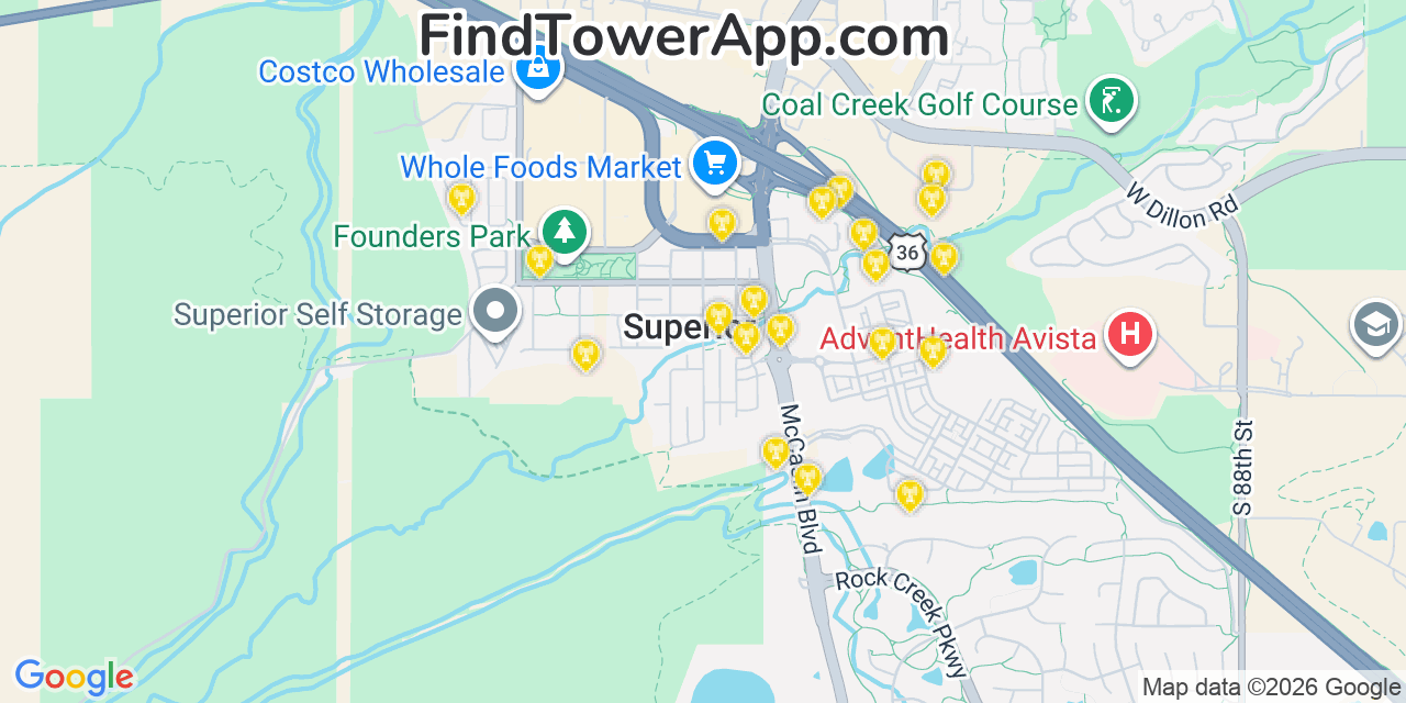 Map showing the 20 primary cell tower locations detected in Superior, Colorado from AT&T, Verizon, and T-Mobile networks