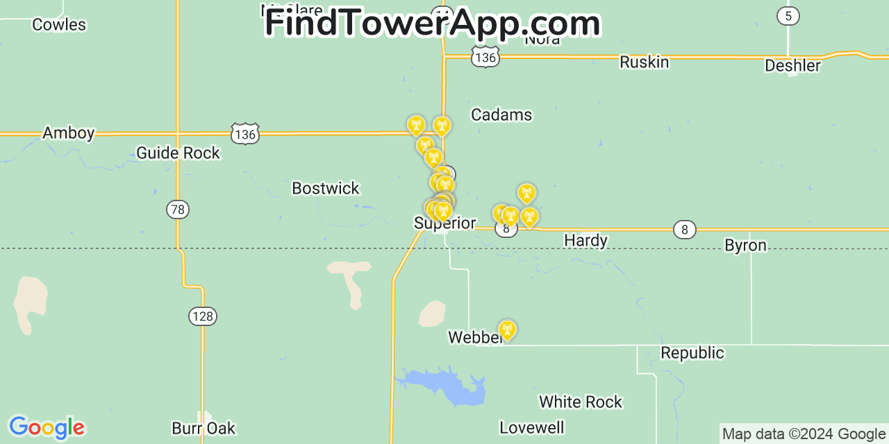 AT&T 4G/5G cell tower coverage map Superior, Nebraska