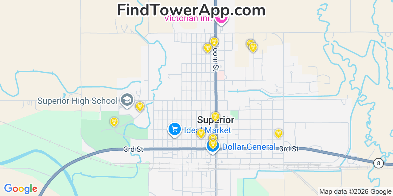 Map showing the 20 primary cell tower locations detected in Superior, Nebraska from AT&T, Verizon, and T-Mobile networks