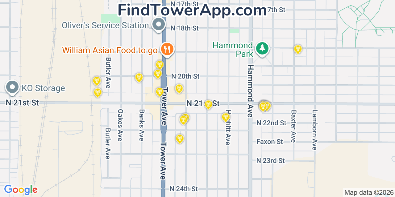 Map showing the 20 primary cell tower locations detected in Superior, Wisconsin from AT&T, Verizon, and T-Mobile networks