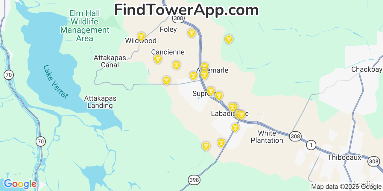 Map showing the 20 primary cell tower locations detected in Supreme, Louisiana from AT&T, Verizon, and T-Mobile networks