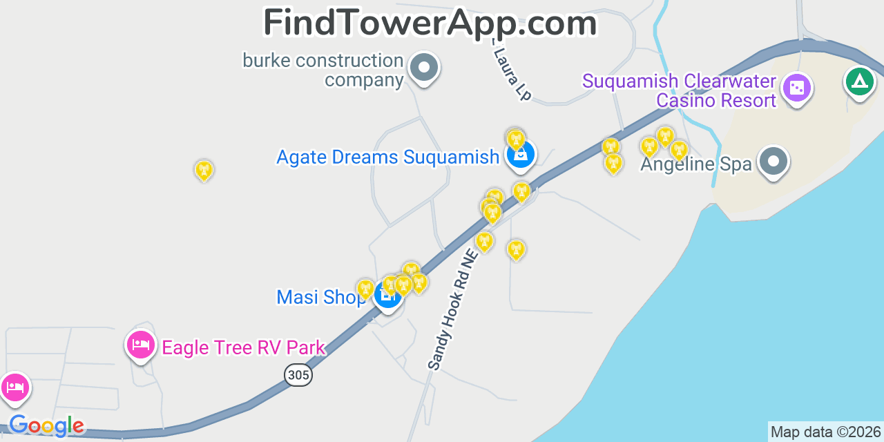 Map showing the 20 primary cell tower locations detected in Suquamish, Washington from AT&T, Verizon, and T-Mobile networks