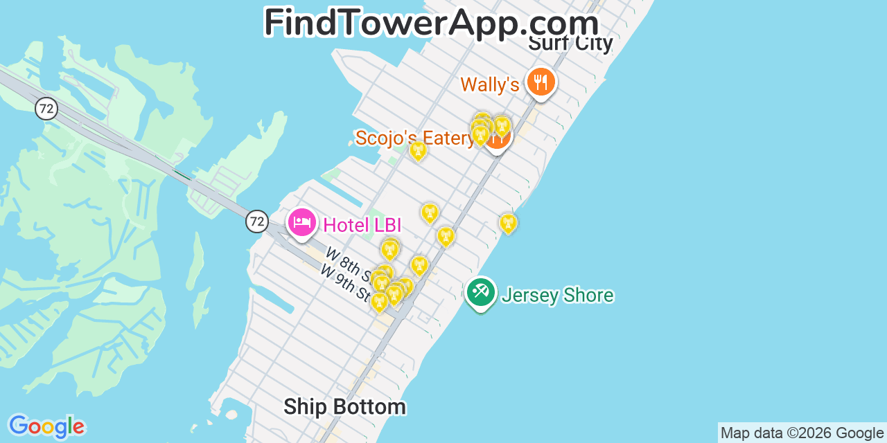 Map showing the 20 primary cell tower locations detected in Surf City, New Jersey from AT&T, Verizon, and T-Mobile networks