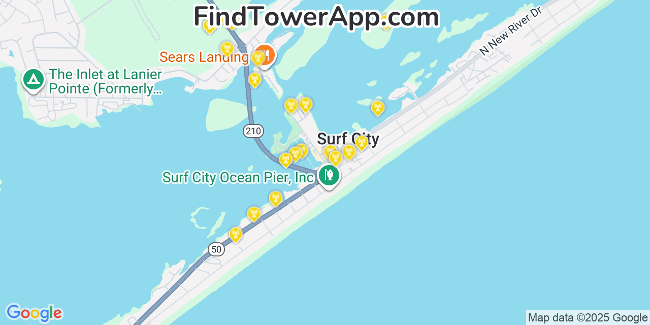 Map showing the 20 primary cell tower locations detected in Surf City, North Carolina from AT&T, Verizon, and T-Mobile networks
