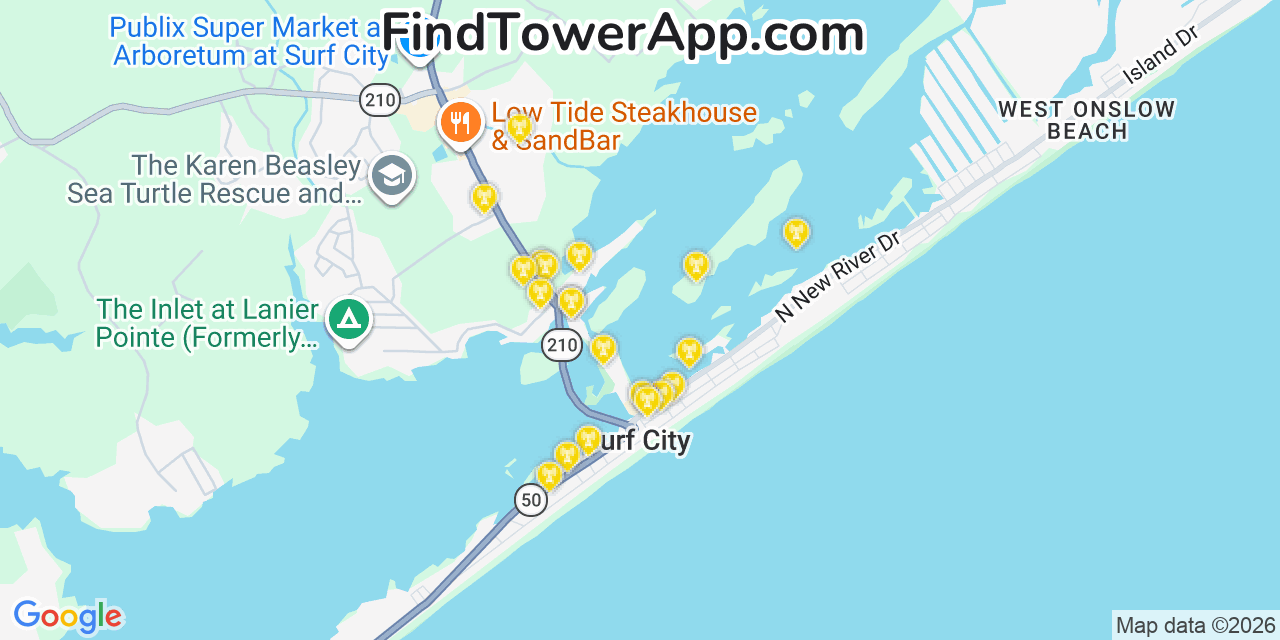 Map showing the 20 primary cell tower locations detected in Surf City, North Carolina from AT&T, Verizon, and T-Mobile networks