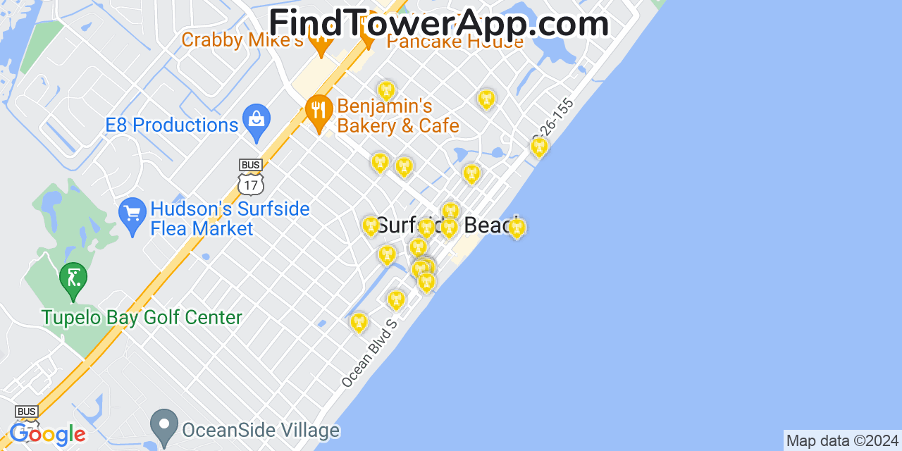 AT&T 4G/5G cell tower coverage map Surfside Beach, South Carolina