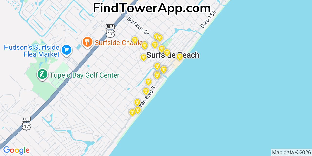 Map showing the 20 primary cell tower locations detected in Surfside Beach, South Carolina from AT&T, Verizon, and T-Mobile networks