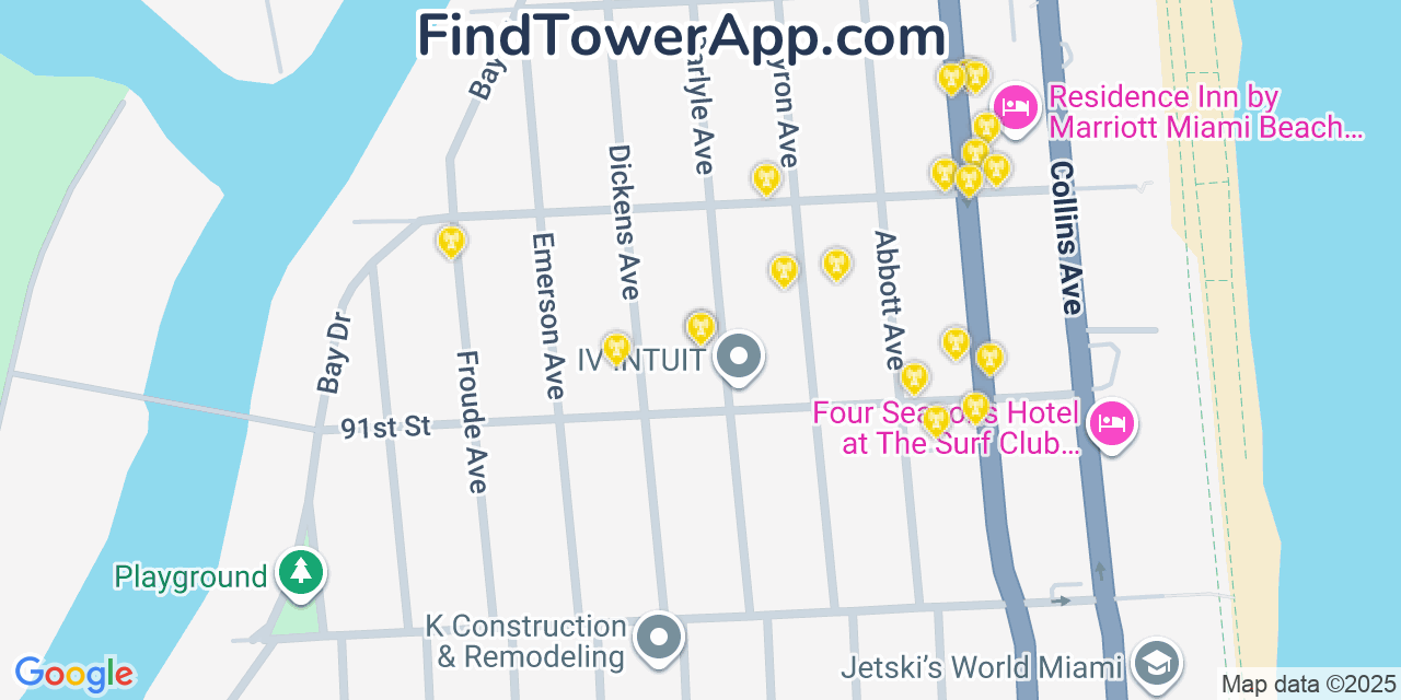 Map showing the 20 primary cell tower locations detected in Surfside, Florida from AT&T, Verizon, and T-Mobile networks