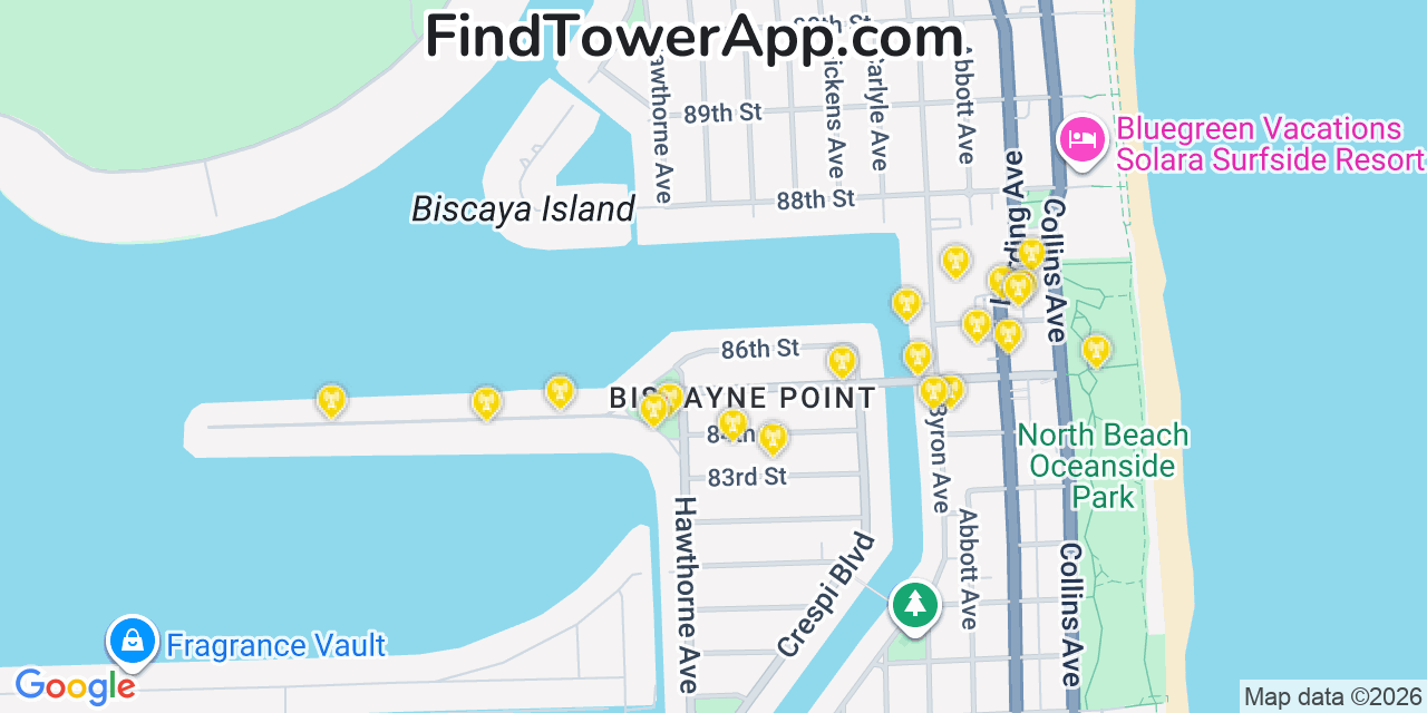 Map showing the 20 primary cell tower locations detected in Surfside, Florida from AT&T, Verizon, and T-Mobile networks