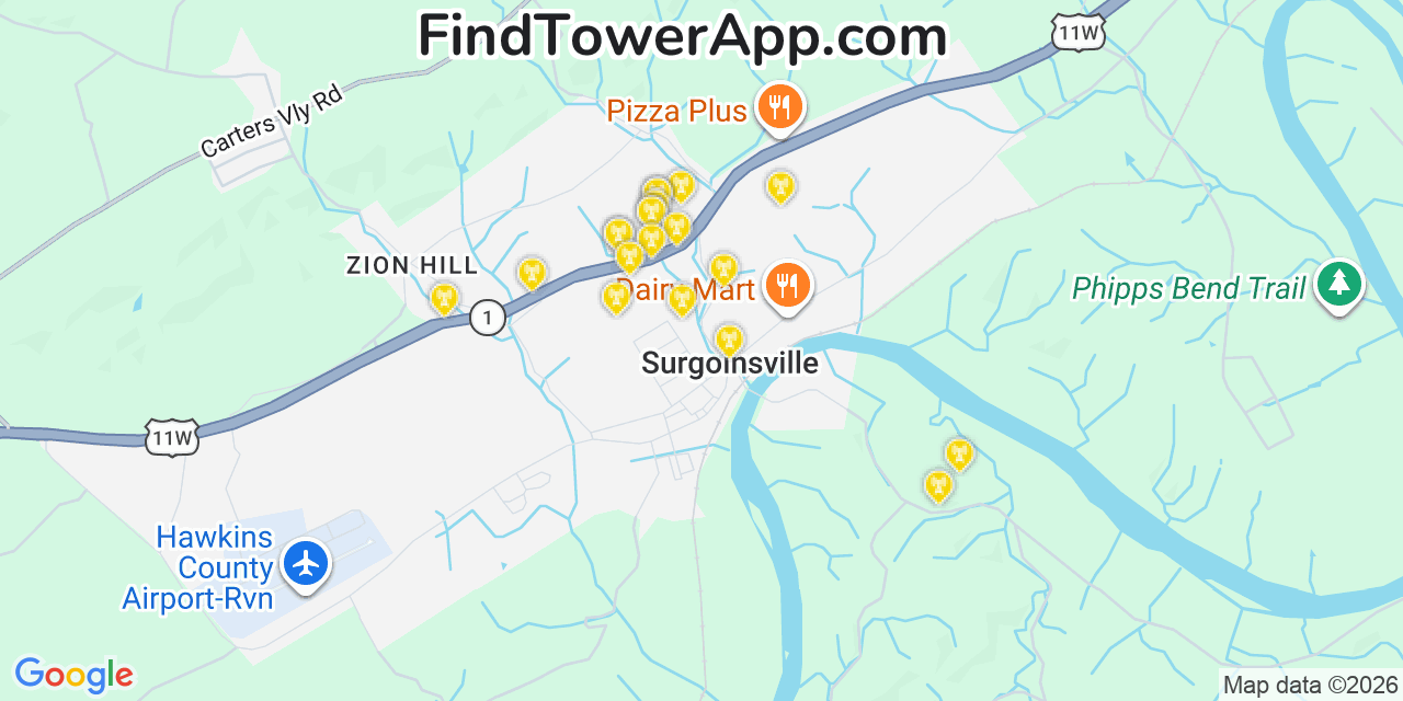 Map showing the 20 primary cell tower locations detected in Surgoinsville, Tennessee from AT&T, Verizon, and T-Mobile networks