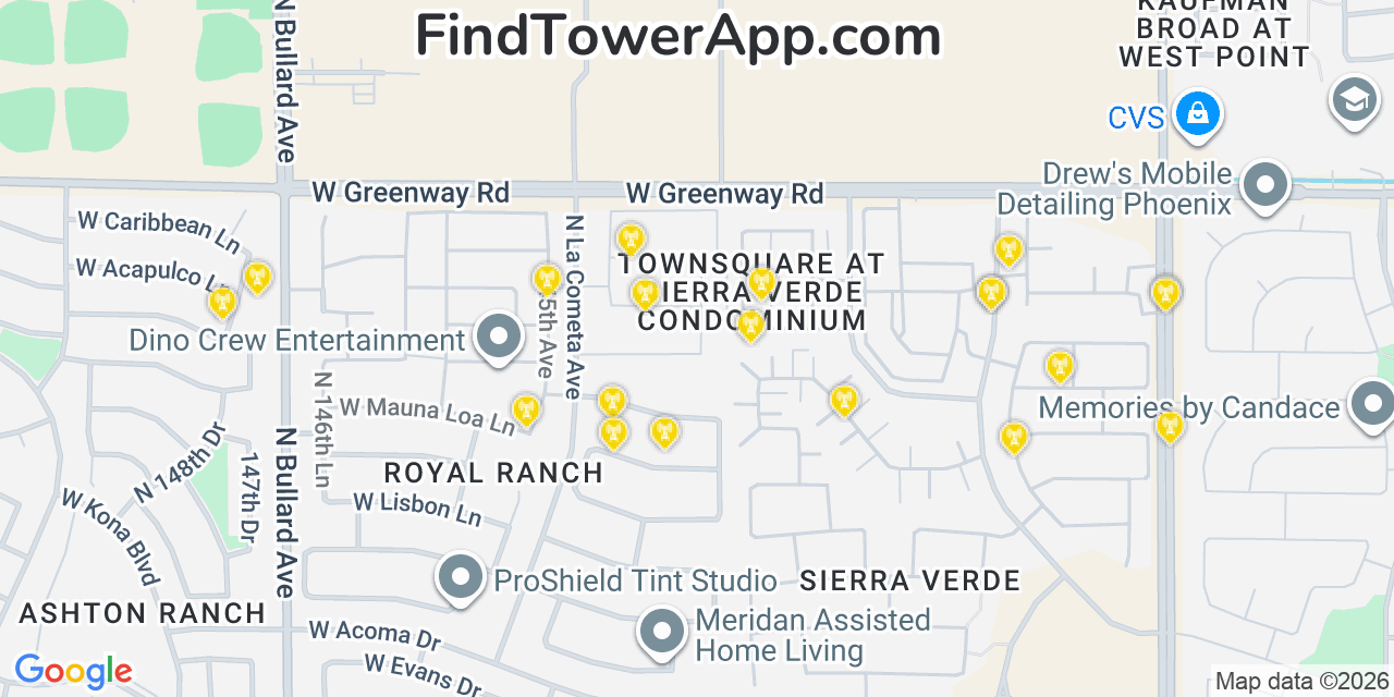 Map showing the 20 primary cell tower locations detected in Surprise, Arizona from AT&T, Verizon, and T-Mobile networks