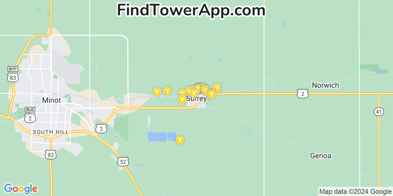 AT&T 4G/5G cell tower coverage map Surrey, North Dakota