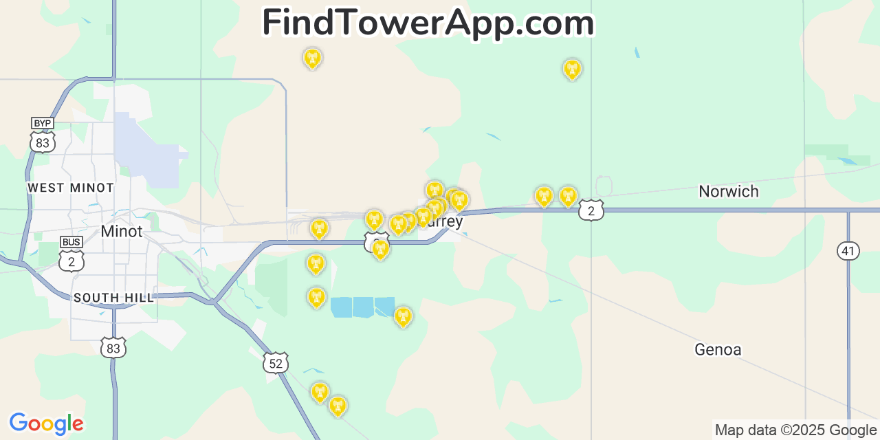 Map showing the 20 primary cell tower locations detected in Surrey, North Dakota from AT&T, Verizon, and T-Mobile networks