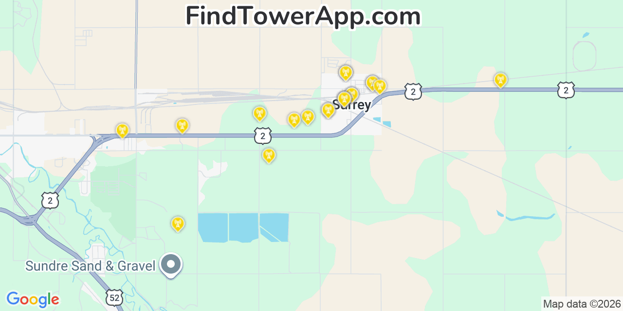 Map showing the 20 primary cell tower locations detected in Surrey, North Dakota from AT&T, Verizon, and T-Mobile networks
