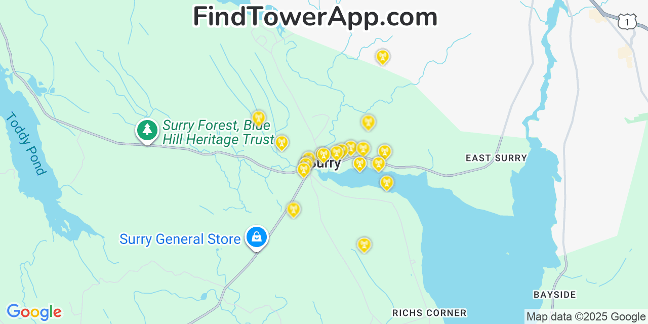 Map showing the 20 primary cell tower locations detected in Surry, Maine from AT&T, Verizon, and T-Mobile networks