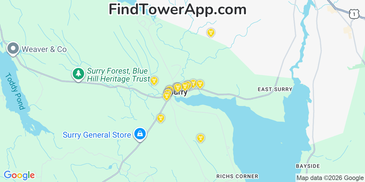 Map showing the 20 primary cell tower locations detected in Surry, Maine from AT&T, Verizon, and T-Mobile networks