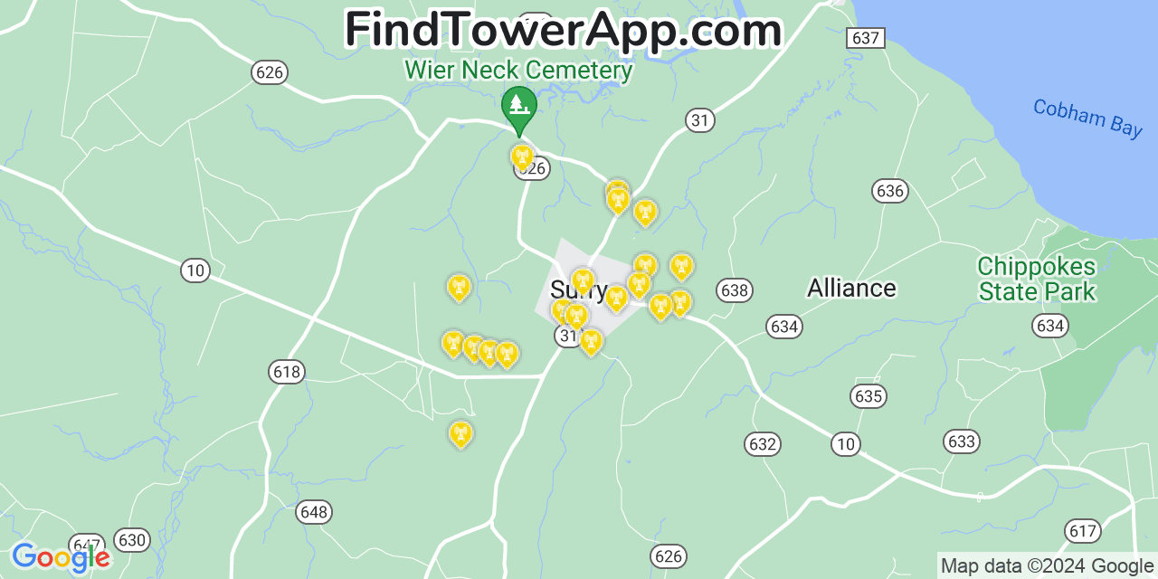 AT&T 4G/5G cell tower coverage map Surry, Virginia