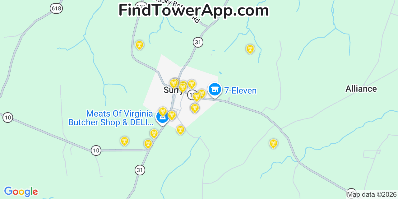 Map showing the 20 primary cell tower locations detected in Surry, Virginia from AT&T, Verizon, and T-Mobile networks