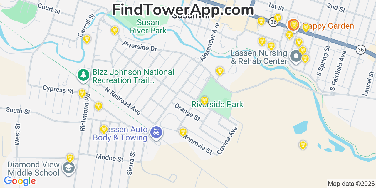 Map showing the 20 primary cell tower locations detected in Susanville, California from AT&T, Verizon, and T-Mobile networks