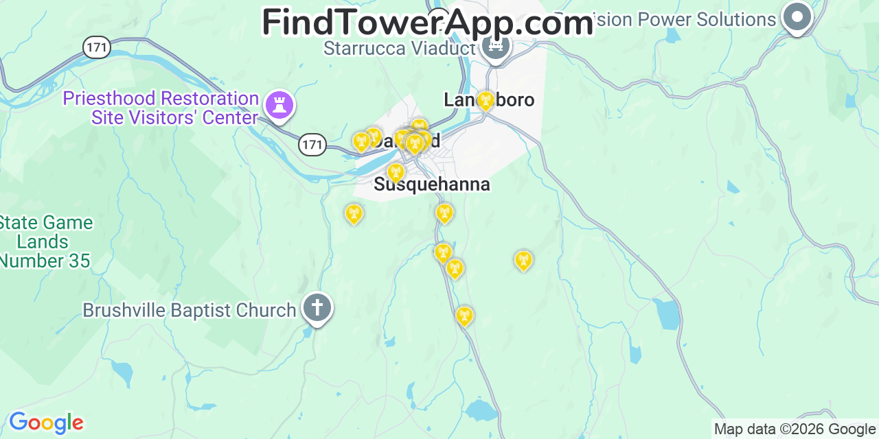 Map showing the 20 primary cell tower locations detected in Susquehanna, Pennsylvania from AT&T, Verizon, and T-Mobile networks