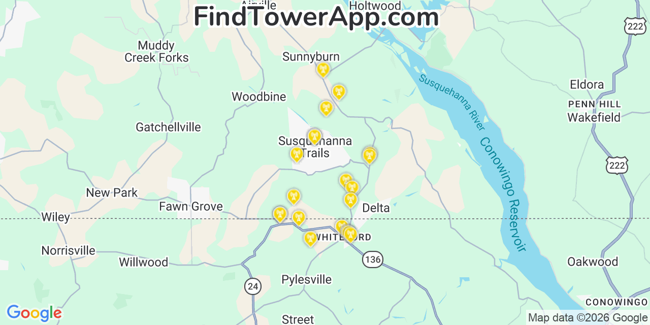 Map showing the 20 primary cell tower locations detected in Susquehanna Trails, Pennsylvania from AT&T, Verizon, and T-Mobile networks