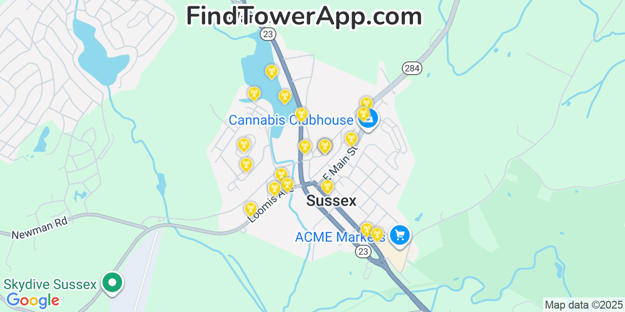 Map showing the 20 primary cell tower locations detected in Sussex, New Jersey from AT&T, Verizon, and T-Mobile networks