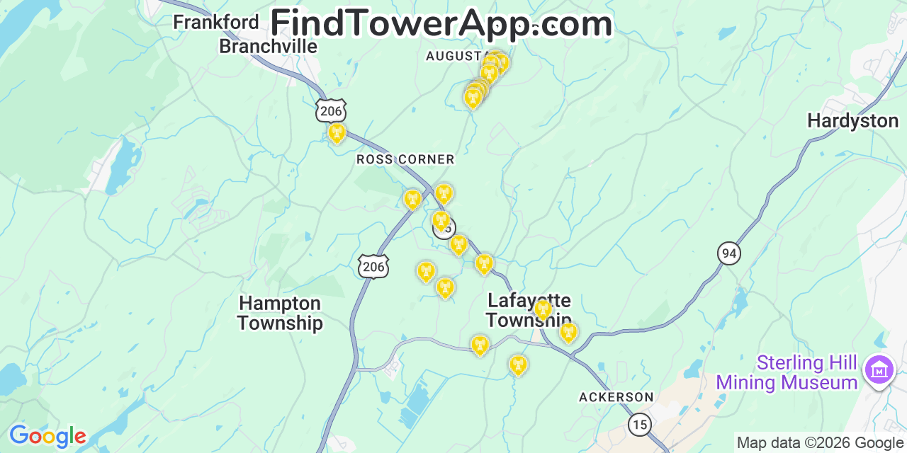 Map showing the 20 primary cell tower locations detected in Sussex, New Jersey from AT&T, Verizon, and T-Mobile networks