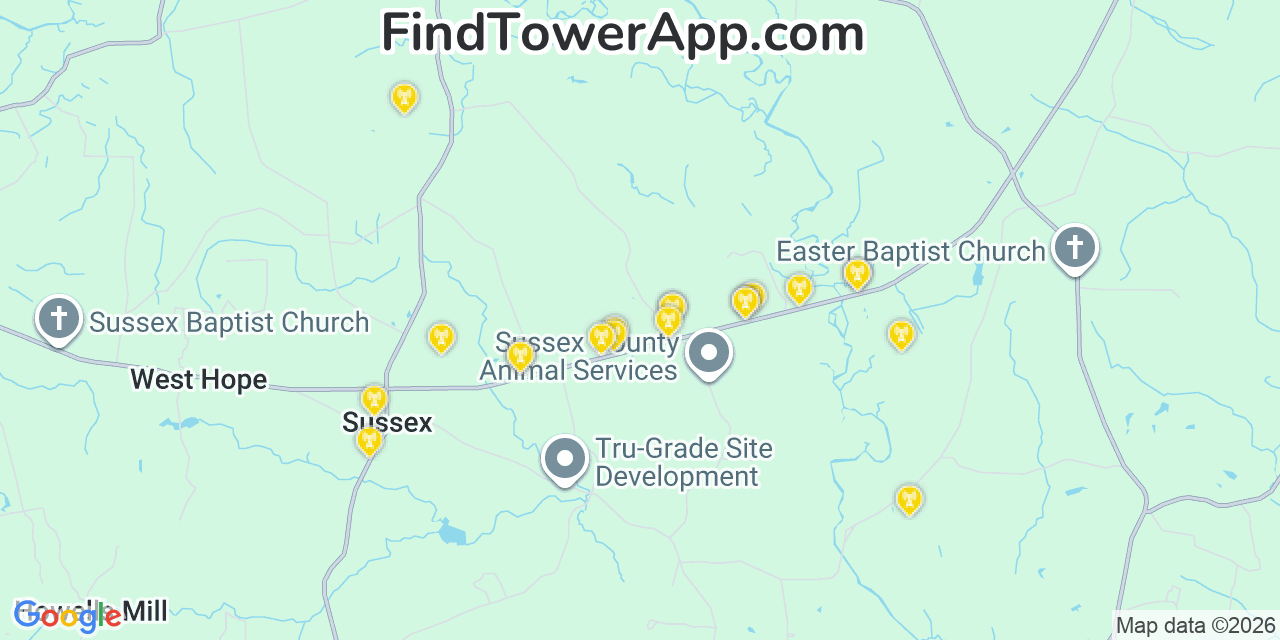 Map showing the 20 primary cell tower locations detected in Sussex, Virginia from AT&T, Verizon, and T-Mobile networks
