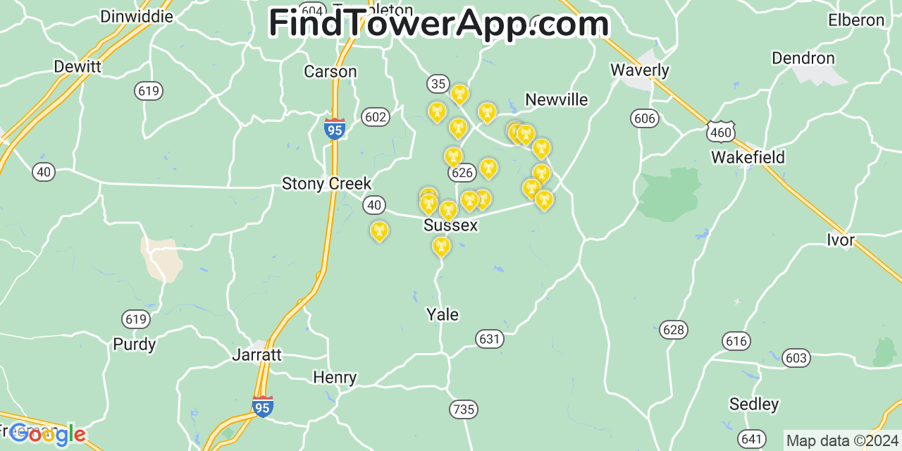 T-Mobile 4G/5G cell tower coverage map Sussex, Virginia