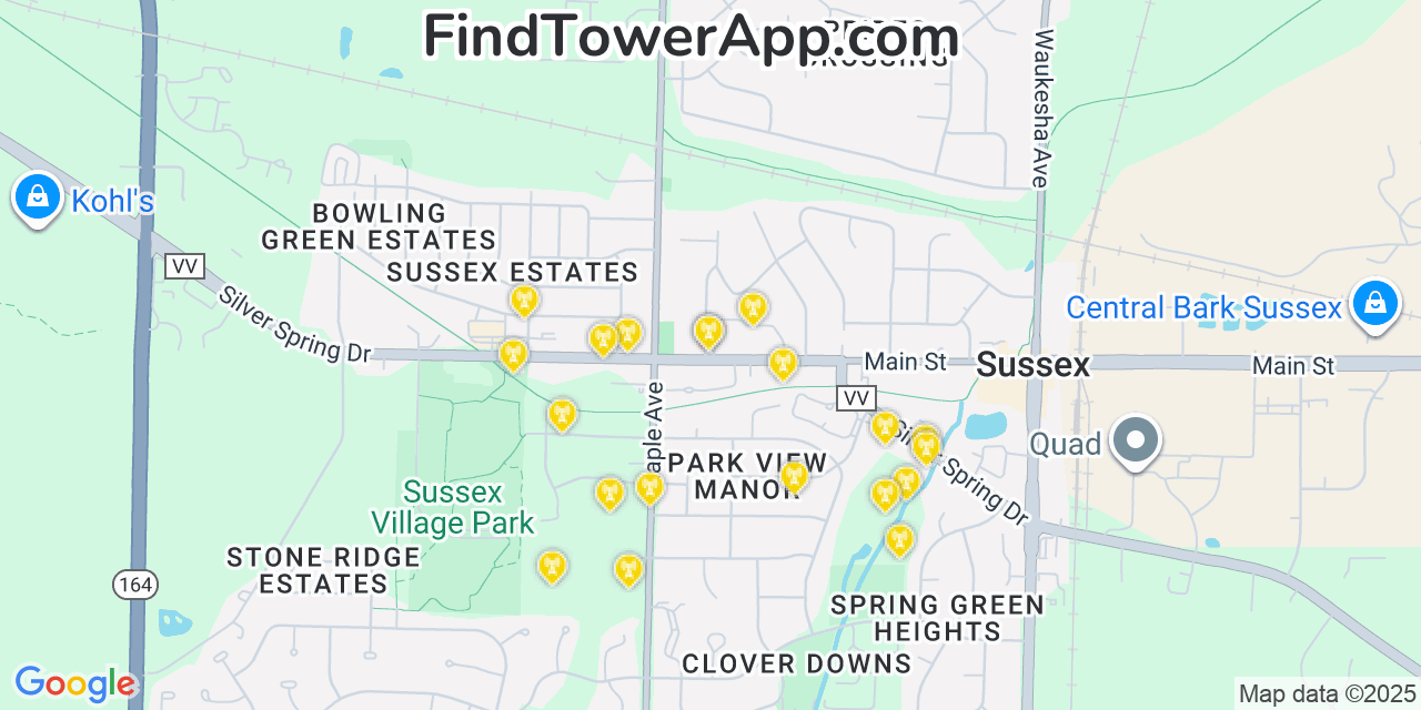 Map showing the 20 primary cell tower locations detected in Sussex, Wisconsin from AT&T, Verizon, and T-Mobile networks