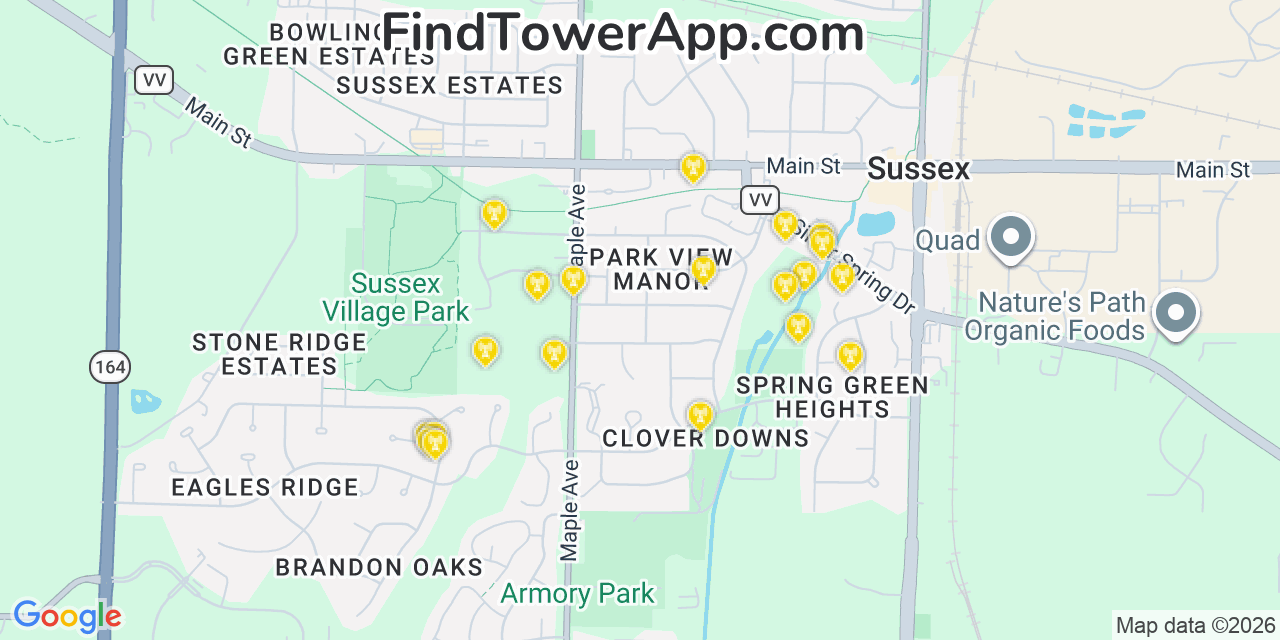 Map showing the 20 primary cell tower locations detected in Sussex, Wisconsin from AT&T, Verizon, and T-Mobile networks