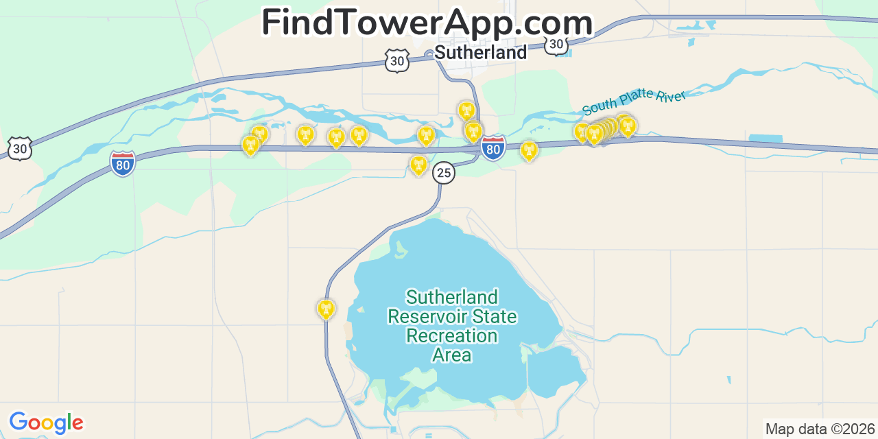 Map showing the 20 primary cell tower locations detected in Sutherland, Nebraska from AT&T, Verizon, and T-Mobile networks