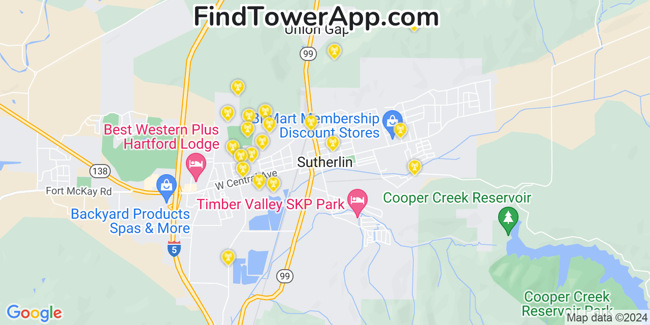 AT&T 4G/5G cell tower coverage map Sutherlin, Oregon