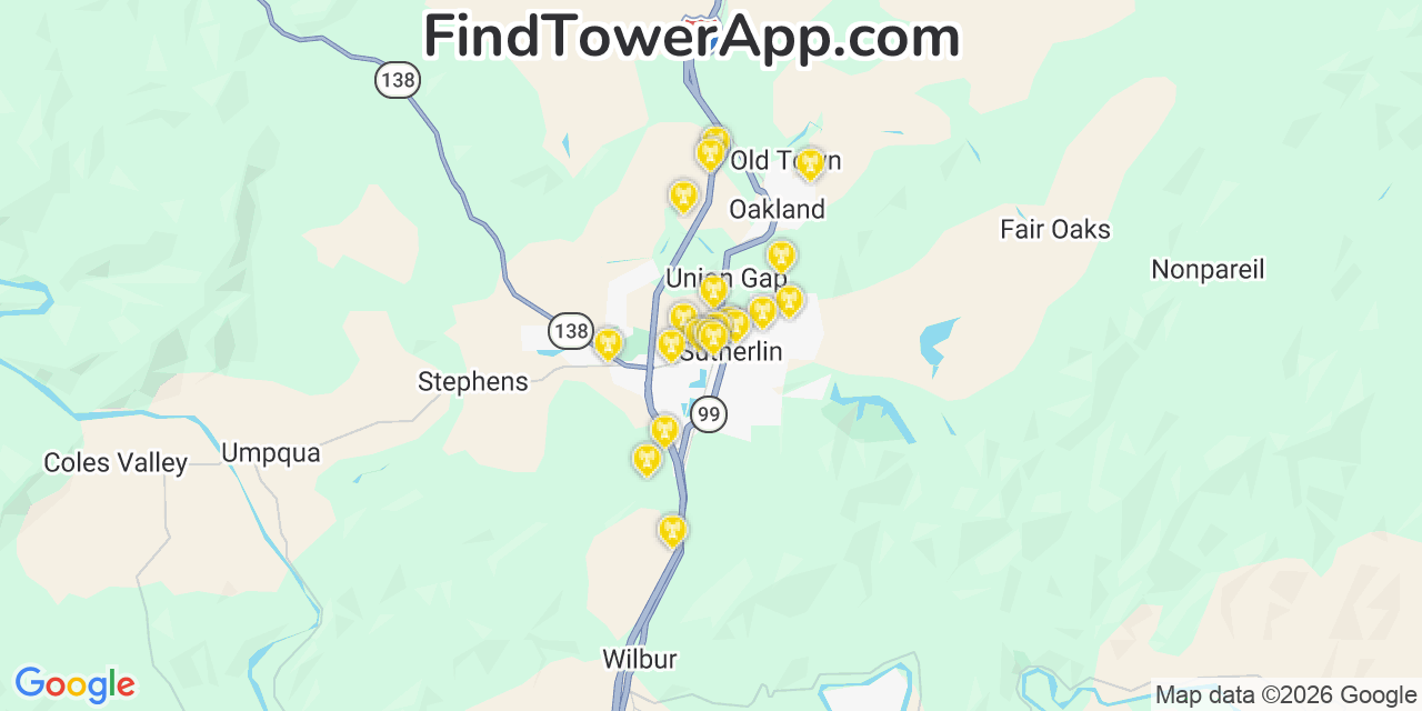 Map showing the 20 primary cell tower locations detected in Sutherlin, Oregon from AT&T, Verizon, and T-Mobile networks