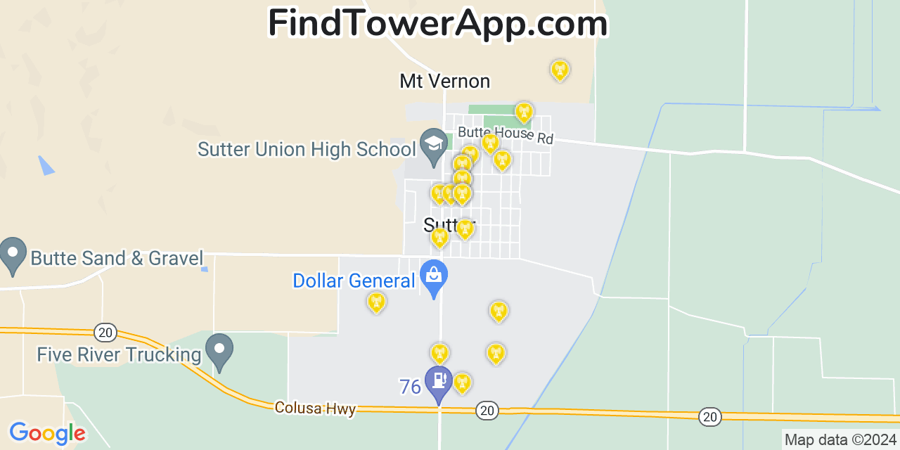 AT&T 4G/5G cell tower coverage map Sutter, California