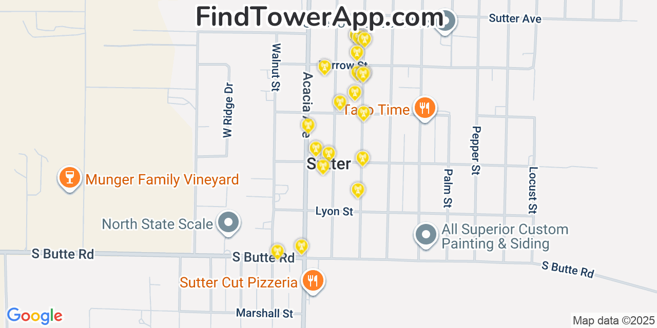 Map showing the 20 primary cell tower locations detected in Sutter, California from AT&T, Verizon, and T-Mobile networks
