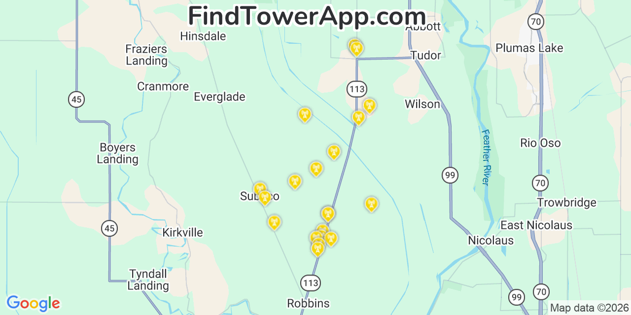 Map showing the 20 primary cell tower locations detected in Sutter, California from AT&T, Verizon, and T-Mobile networks