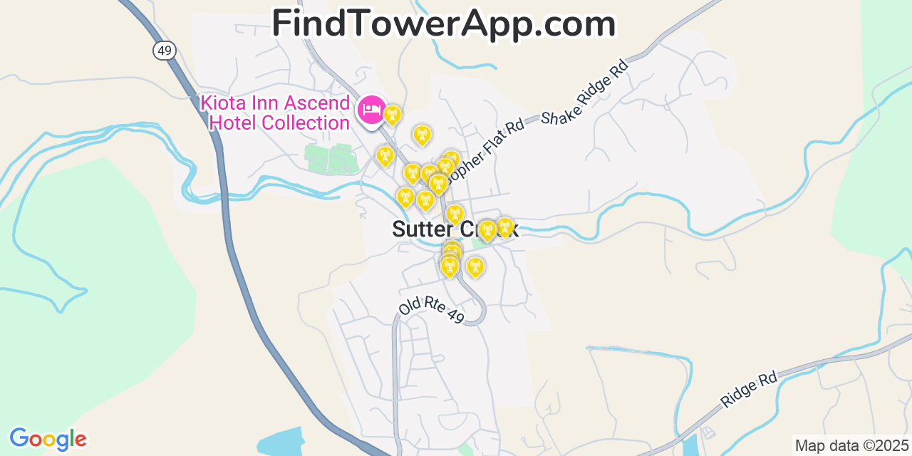 Map showing the 20 primary cell tower locations detected in Sutter Creek, California from AT&T, Verizon, and T-Mobile networks
