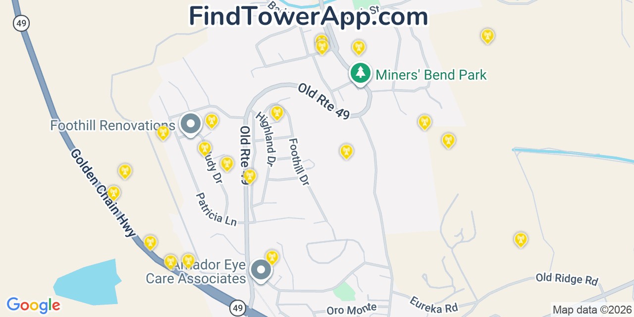 Map showing the 20 primary cell tower locations detected in Sutter Creek, California from AT&T, Verizon, and T-Mobile networks