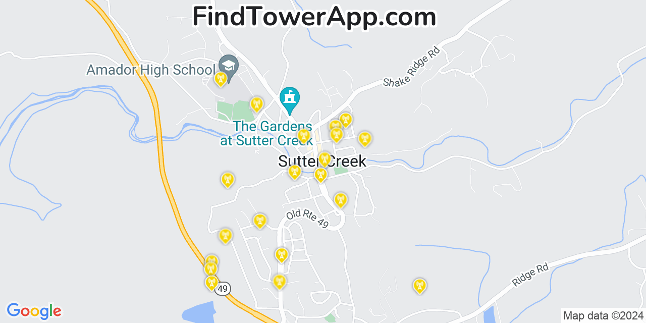 Verizon 4G/5G cell tower coverage map Sutter Creek, California