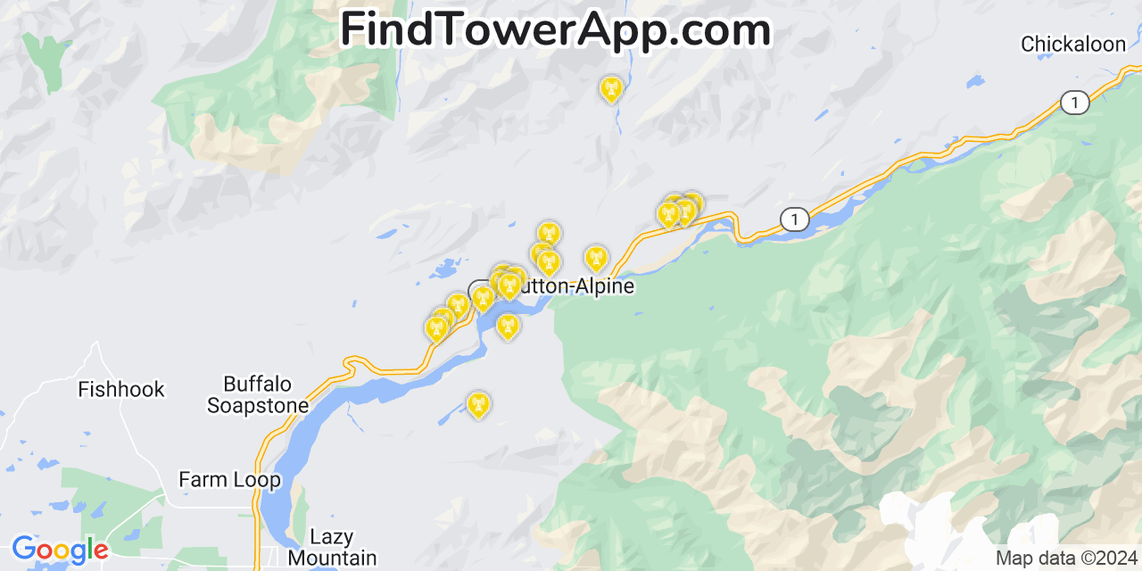 AT&T 4G/5G cell tower coverage map Sutton Alpine, Alaska