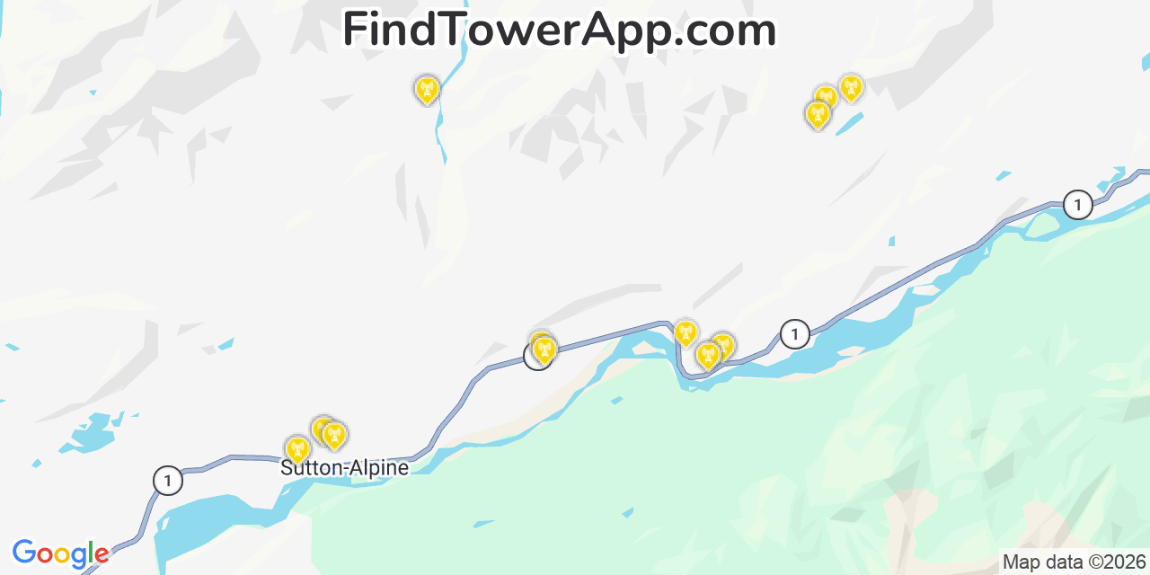 Map showing the 20 primary cell tower locations detected in Sutton Alpine, Alaska from AT&T, Verizon, and T-Mobile networks