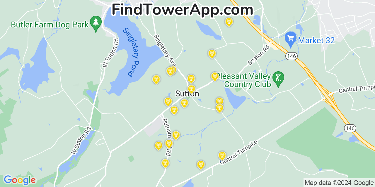 AT&T 4G/5G cell tower coverage map Sutton, Massachusetts