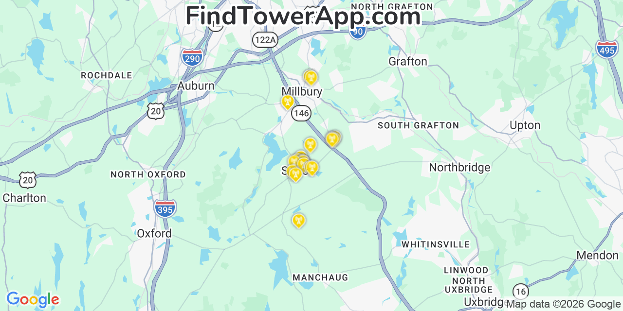 Map showing the 20 primary cell tower locations detected in Sutton, Massachusetts from AT&T, Verizon, and T-Mobile networks