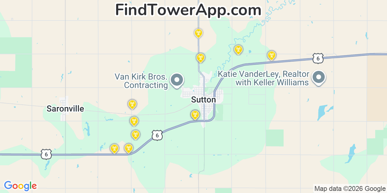 Map showing the 20 primary cell tower locations detected in Sutton, Nebraska from AT&T, Verizon, and T-Mobile networks