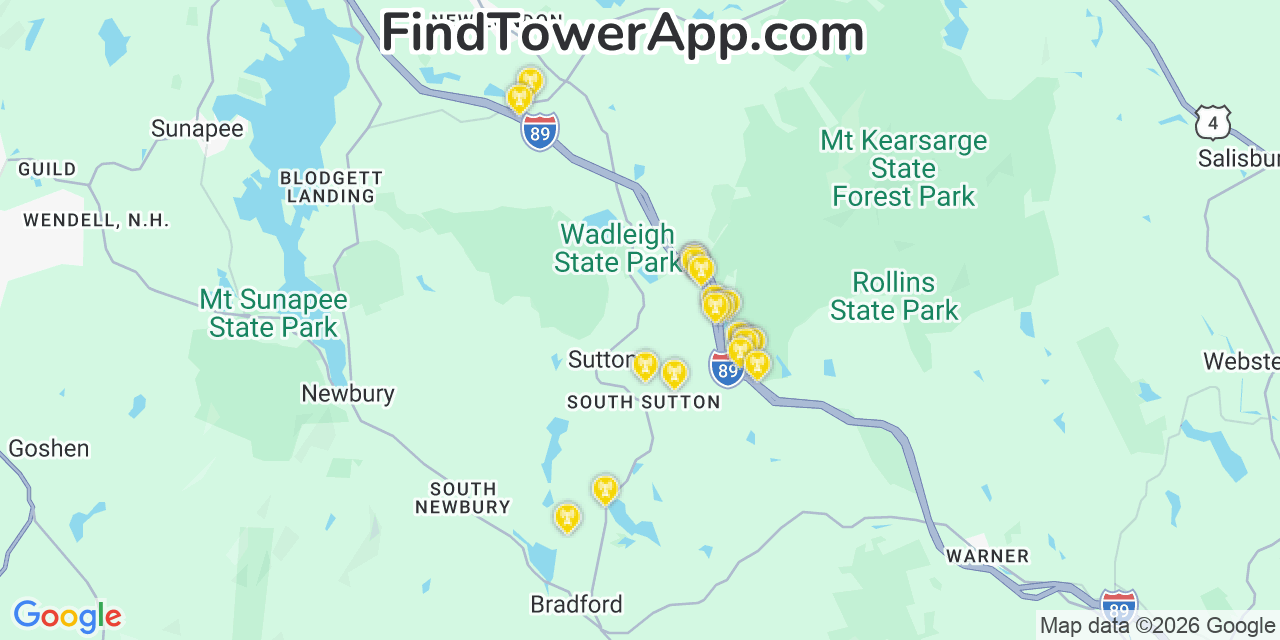 Map showing the 20 primary cell tower locations detected in Sutton, New Hampshire from AT&T, Verizon, and T-Mobile networks